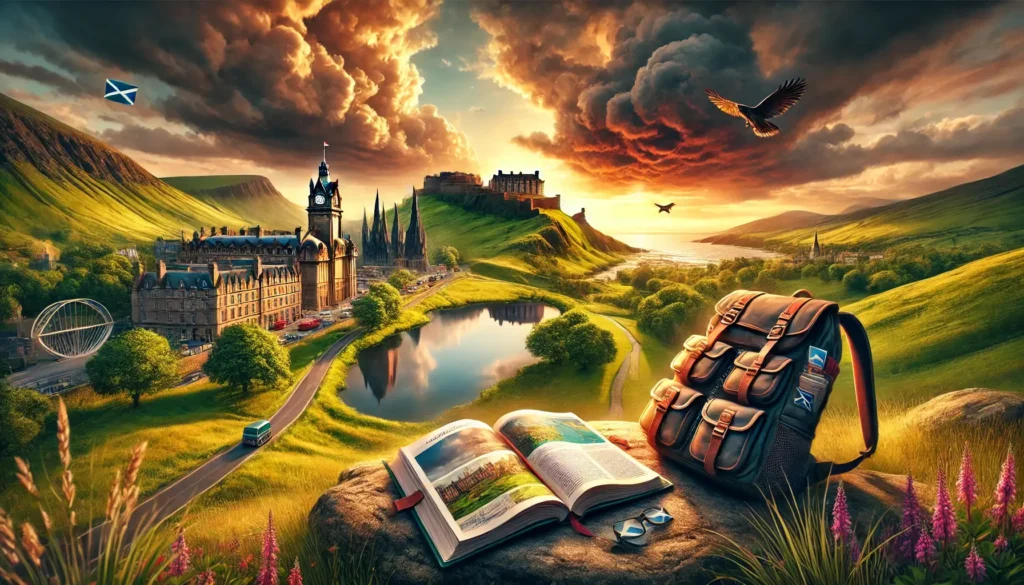 Ein malerisches Querformat-Bild von Schottland mit Edinburgh Castle auf einem Hügel, einer kurvigen Straße durch die Highlands und einem ruhigen Loch unter einem dramatischen Himmel. Im Vordergrund ein Rucksack und ein geöffneter Schottland Reiseführer auf einem Felsen, die Reise und Erkundung symbolisieren