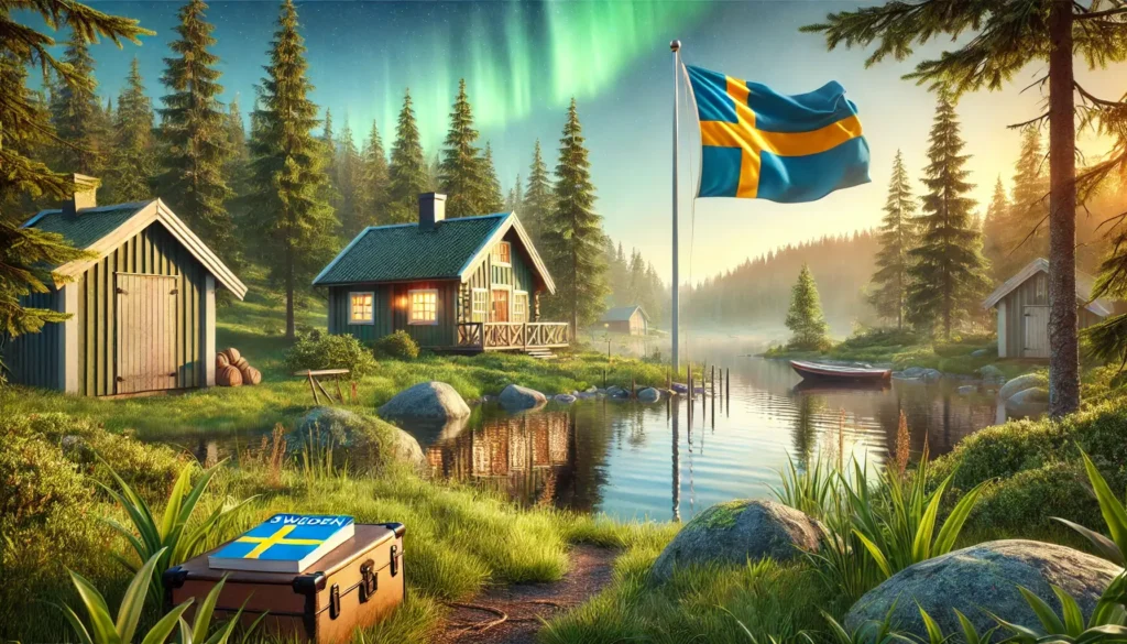 Fotorealistische Darstellung einer schwedischen Landschaft mit einer Holzhütte am See, umgeben von grünen Wäldern. Vor dem See liegt ein empfohlener Schweden Reiseführer auf einem Stein.