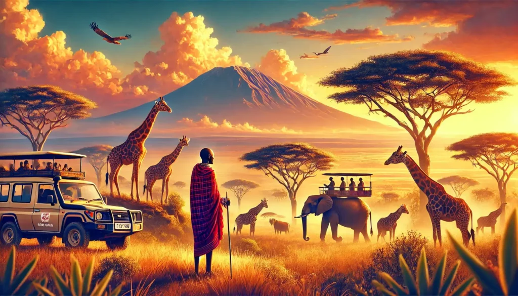 Darstellung einer Safari in Kenia mit einer Touristengruppe und mehreren Reiseführern