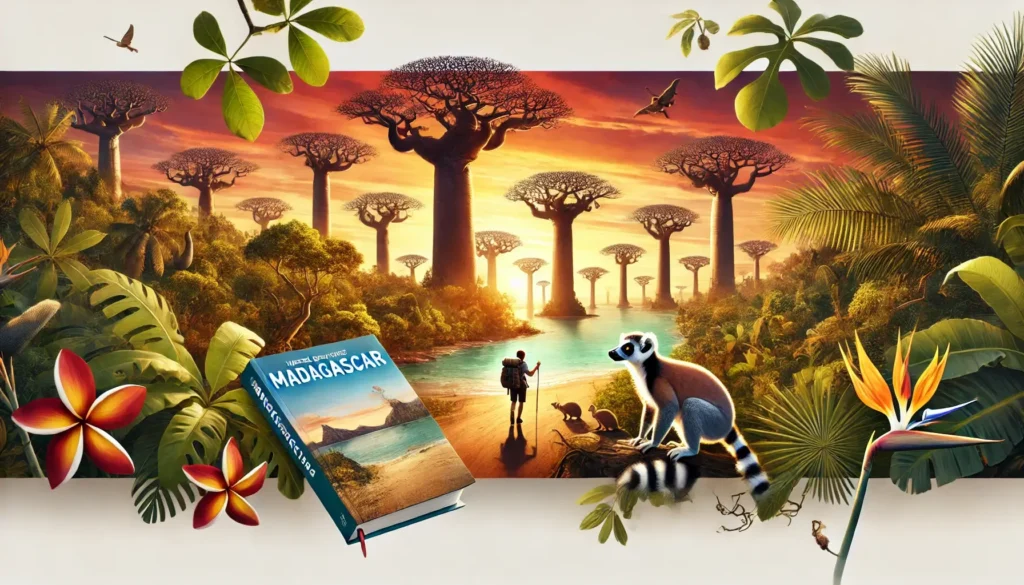 Ein Madagaskar Reiseführer liegt in der Baobab-Allee neben Regenwäldern und der exotischen Tierwelt