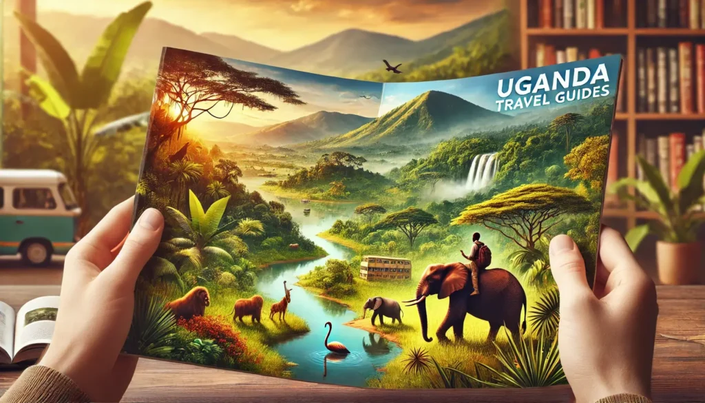 Aufgeklappter Uganda Reiseführer mit Dschungel und der Tierwelt